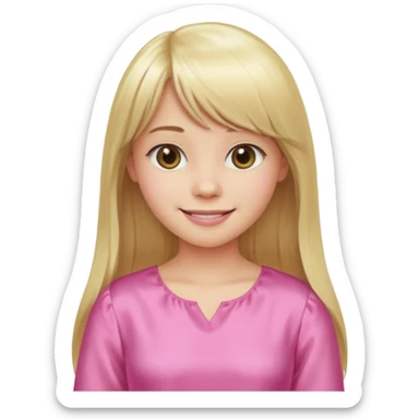 Menina branca de cabelo loiro longo de franja na testa sorrindo blusa rosa sticker