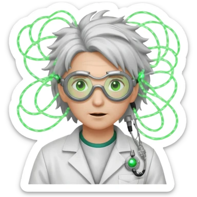 Appearance: Wild silver hair crackling with static electricity, goggles with flickering green lenses, lab coat with glowing circuit patterns.
Vibe: A time-bending genius obsessed with harnessing electricity and temporal flux. sticker