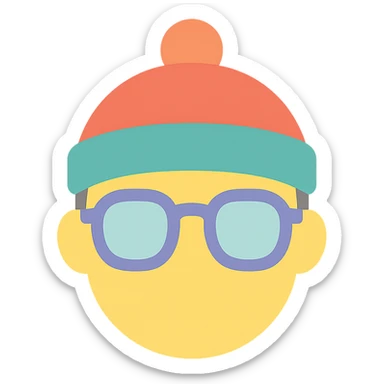 a face wearing a colorful hat and retro glasses, minimal and flat colors, icon style sticker