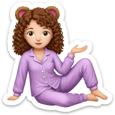 Woman with brown eyes, brown curly hair, white skin, full body in cute pijama bear sticker