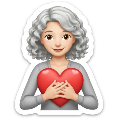Silver hair, wavy/curly hair chin-length lady giving hug with 2 arms,  v-neck and smiling, add a heart sticker