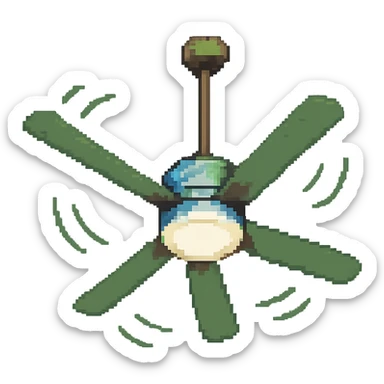 Add motion lines to the ceiling fan to indicate it is spinning, keep the pixel art style with no background. Use the general editor style but respect the pixel art look. sticker