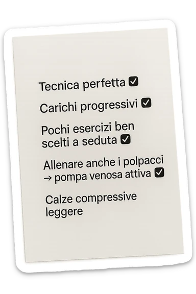 FOGLIO DI CARTA PER L'ALLENAMENTO IN PALESTRA CON LA SCRITTA "Tecnica perfetta
 ✅ Carichi progressivi
 ✅ Pochi esercizi ben scelti a seduta
 ✅ Allenare anche i polpacci → pompa venosa attiva
 ✅ Calze compressive leggere" , IPERREALISTICA 4K sticker