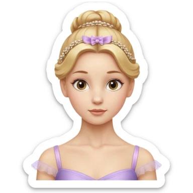Cinematic Realistic Ballerina Portrait, depicted with lifelike skin texture, subtle rosy undertones, and soft natural lighting that enhances the gentle contours of her face. Her intricately detailed golden blonde hair is elegantly styled in an updo, sticker
