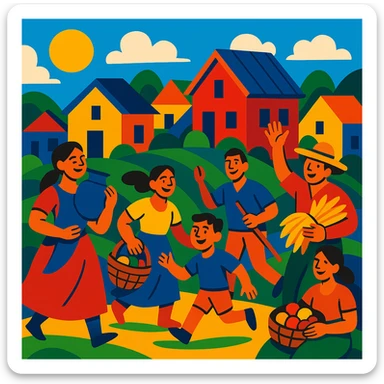 vibrant toon style village life with energetic colors, lively villagers, and stylized houses sticker