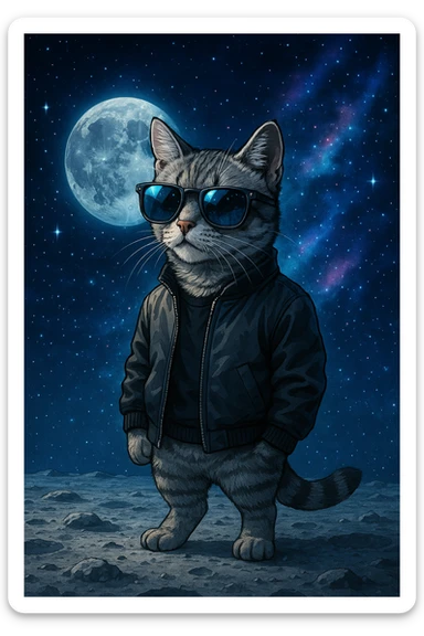 cool cat wearing sunglasses, standing on the moon, futuristic vibe, space background sticker