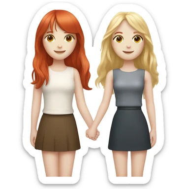 Pale skin Red head girl and pale skin blonde girl with bangs best friends holding hands sticker
