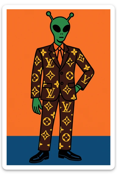 Green tall alien wearing Louis Vutton suit sticker