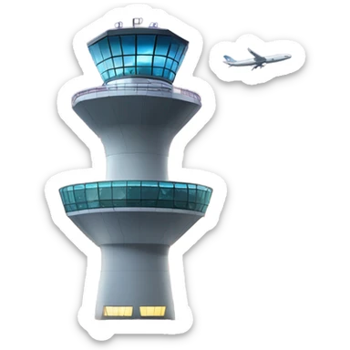An air traffic control tower stands tall, its sleek, high-tech design featuring glass panels that reflec. Surrounding the base, a bustling airport runway is visible with airplanes taxiing, their navigation lights illuminating the tarmac. sticker