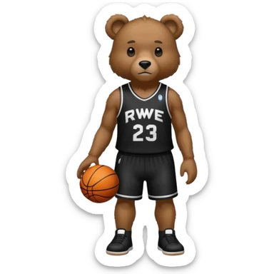 Bear with full body and wearing basketball black jersey that says RWE  sticker