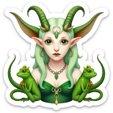 A green spent feminine Baphomet  with frogs and geckos sticker