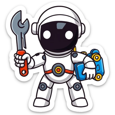 Toy robot holding a wrench sticker