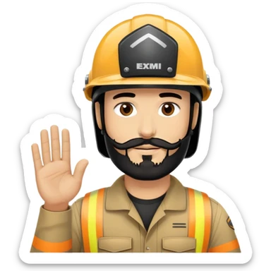 une personne avec cheveu noir yeux marron et une barbe noir et un casque sur la tête dire merci au pblique sticker