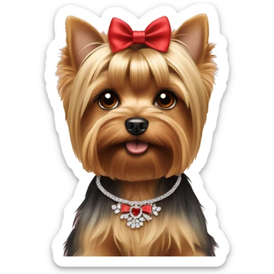 Yorkie face with red bow on hair on top of head and a necklace that says Prada sticker