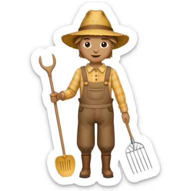 Scarecrow, straw hat, and a rake tucked in one arm, body on stick sticker