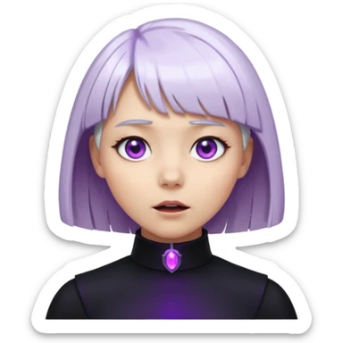 Девушка с белыми волосами с прической каре с челкой со светящимися фиолетовыми глазами в черной одежде с облегающим воротником удивляется кадр по плечи sticker