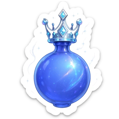 modernus galutinis prabangus eliksyro buteliukas, karūnos forma viršuje, spalva #7986cb, apačia apvali ir uždara, sklandžiai susijungia su karūna, visas buteliukas atrodo tarsi plūduriuotų ir sklaidytųsi ore, ryškios sidabrinės ir holografinės detalės, stiprūs magiški efektai, labai mažas kaklelis, skaidrus fonas, vientisa apvali apačia, be šešėlio, kolekcijos stilius sticker
