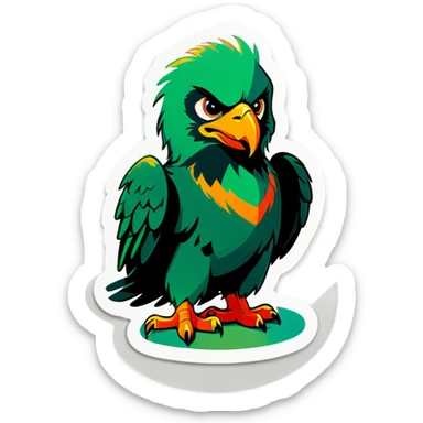 A Green eagle with a orange puppy sticker