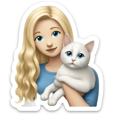 blonde girl with blue eyes holding a white and gray cat sticker