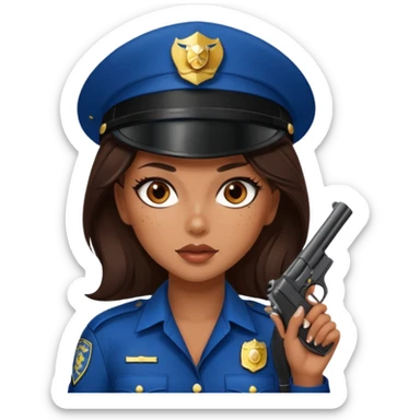 A sexy girl. with caramel skin. Dark brown hair and brown eyes. She has freckles. Wearing sexy makeup. Dressed as a sexy cop. Wearing heels. Holding a gun sticker