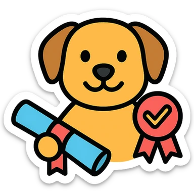 An icon of a smiling dog with a marketing badge, holding a diploma, representing loyal marketing. sticker