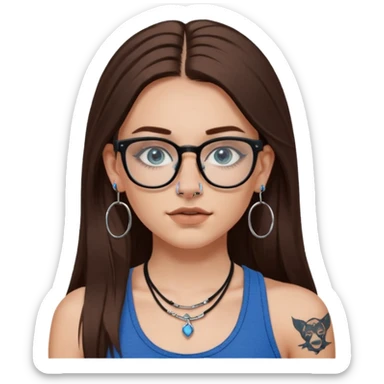 WHITE girl with long brown hair, part going more to the RIGHT side, BLUE eyes, wearing BLACK rectangle plastic frame glasses. SEPTUM nose piercing hoop (at bottom of nose) AND stud nose piercing on right side of nose. Wearing BLACK tank top. Arm tattoos. Hoop earrings sticker