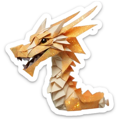 Sparkling patterned Beige Origami dragon with a dried flower crown made of newspapers intricate patterns surrounded by fairy lights nebula galaxy stars swirls iridescent orange cyan yellow sticker
