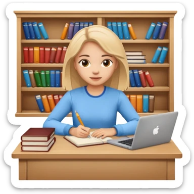 girl sitting at a table, working on university assignments sticker