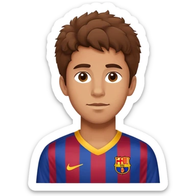 Handsome slightly tan boy wearing a barça jersey with brown fluffy hair sticker