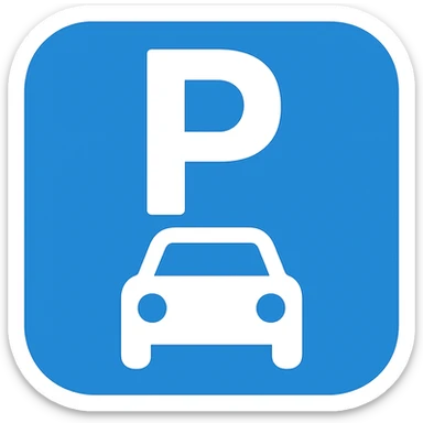 Add a car silhouette below the letter P, keep the simple, clean, blue and white universal icon style with no background. sticker