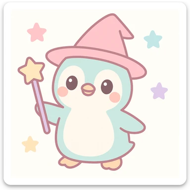 cute and whimsical penguin dressed as a wizard, wearing a pointed hat and holding a magic staff sticker