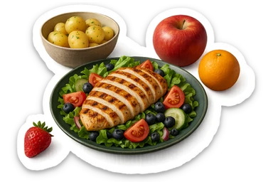 insalate con petto di pollo grigliato e bowl di patate cotte poggiate per terra e frutta fresca, iperrealistico 4k sticker