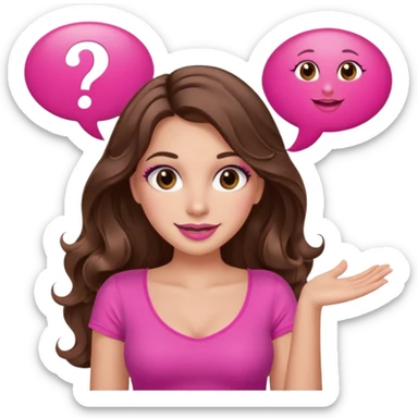 girl with long wavy brown hair, brown eyes, long lashes makeup, sexy pink lips, light to medium complexion, wearing a pink sexy top, shugging, smiling, question mark one speech bubble sticker