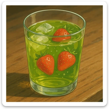 realistic glass of green tea with strawberries in ghibli style sticker