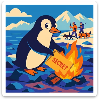 vibrant toon style penguin on a rocky polar shore, burning secret materials in a campfire, glancing around; far background, two people with wolf sled, rifles, skis sticker