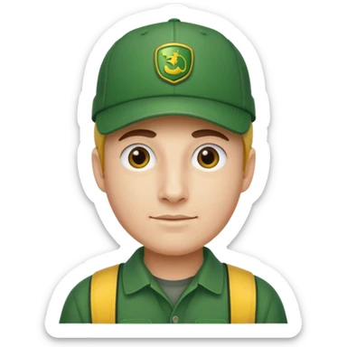 with a John Deere cap on his head and sticker