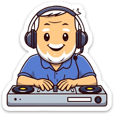 senior Caucasian male, smiling, using an audio console sticker