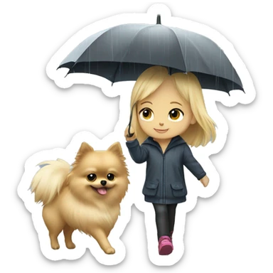 Blonde girl walking tiny pomeranian under the rain sticker