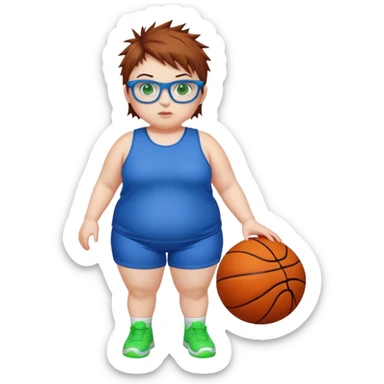 Full Body white chubby Girl with basketball spikey short brown hair  wearing blue glasses with green eyes sticker