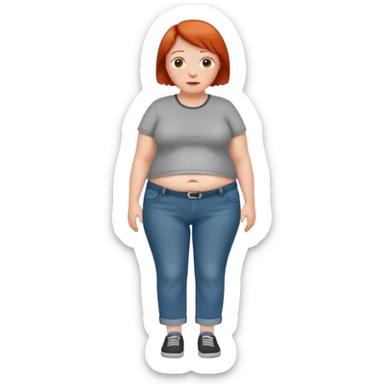Lazy old Short woman with straight short red hair and fat tummy..wears jeams and full tahirt sticker