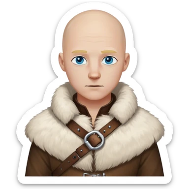 medieval outfit worn by a DnD themed fantasy character. basic rough-spun tunic with a fur-lined collar and a leather strap across the chest. clothes only above the waist. The clothes full waist. The character's haven't arms. character is bald, blue eyes, white-skinned man. sticker
