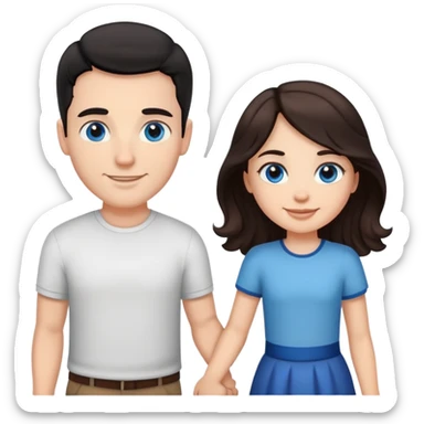 Strong white man with short black hair and brown eyes and white girl with long wavy brown hair and blue eyes holding hands sticker
