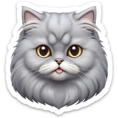 Cinematic Derpy Grey Persian Cat Portrait Emoji, Head tilted playfully with an adorably awkward expression, fluffy grey fur with soft silver undertones, Simplified yet hilariously derpy features, highly detailed, glowing with a warm but slightly confused glow, high shine, a mix of lazy and clueless, stylized with a touch of whimsy, bright but with a completely derpy and grumpy face, soft glowing outline, capturing the essence of a quirky yet chubby, grumpy kitty, so endearing it feels like it could stretch out of the screen and demand attention with its wonderfully derpy charm! sticker