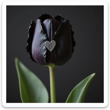 realistic goth tulip with black petals and heart-shaped tag, photorealistic style sticker