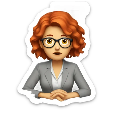 red hair woman wearing glasses sad frustrated desk monitor stack paper sticker