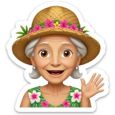 excited old woman wear Hawaii's hat version sticker