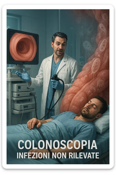 A medical cinematic illustration showing a patient undergoing a colonoscopy in a modern clinical setting. On the monitor, the endoscopic camera shows smooth, healthy-looking intestinal mucosa — clean and without evidentiary signs. But layered symbolically in the background (or faded into the intestinal wall), tiny parasitic organisms like protozoa and helminths are subtly depicted hiding between folds, or embedded deeper in tissues, undetectable by the surface-only scope. The doctor gestures with confidence, while the patient remains unaware that the test might not reveal the true underlying infection. The scene has cool clinical lighting, shallow depth of field, and realistic anatomy, overlaid with symbolic, almost ghost-like imagery of parasites in italiano sticker