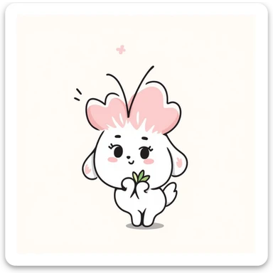 soft pastel Japanese hand-drawn chibi style sakura blossom, full-body, clean lines, holding a tiny leaf sticker