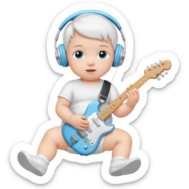 a cute baby in a white diaper and air pod max silver headphones playing a baby blue electric guitar sticker