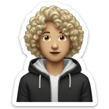 A white teenager with curly hai and big nose with black hoodie sticker